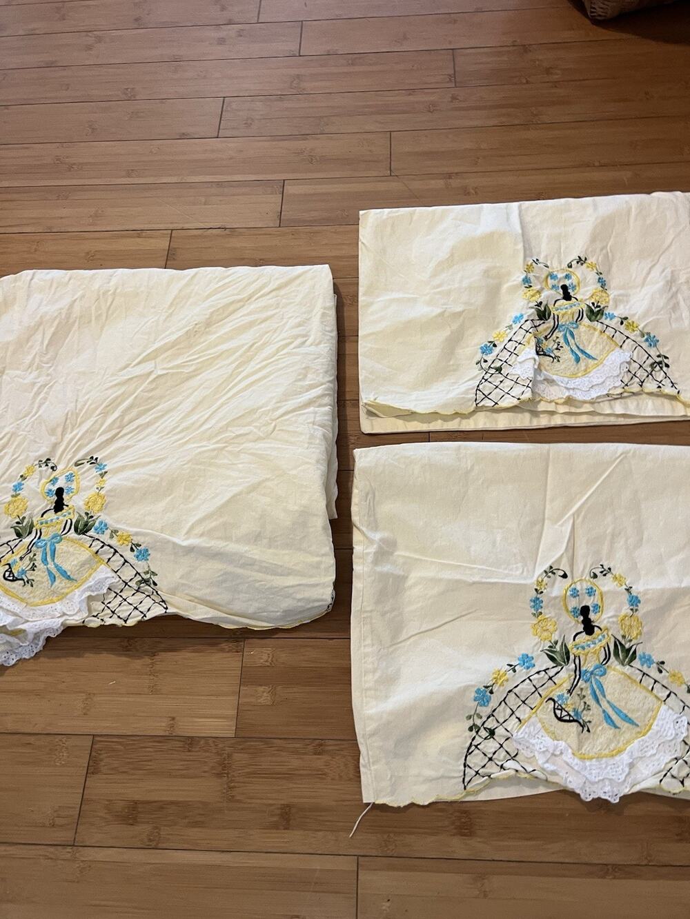 vintage hand-embroidered Southern Belle Crinoline Lady Twin Cotton Sheet Set